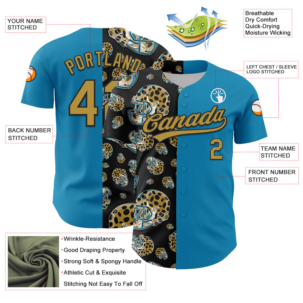 Custom Panther Blue Old Gold-Black 3D Pattern Design Football Jaguar Helmet Authentic Baseball Jersey