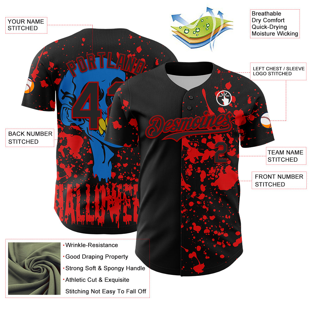 Custom Black Red 3D Pattern Design Rave Halloween Skull Authentic Baseball Jersey