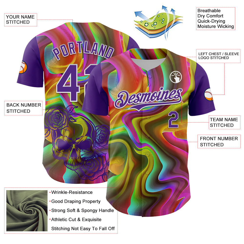 Custom Purple White 3D Pattern Design Rave Psychedelic Liquid And Skull Authentic Baseball Jersey