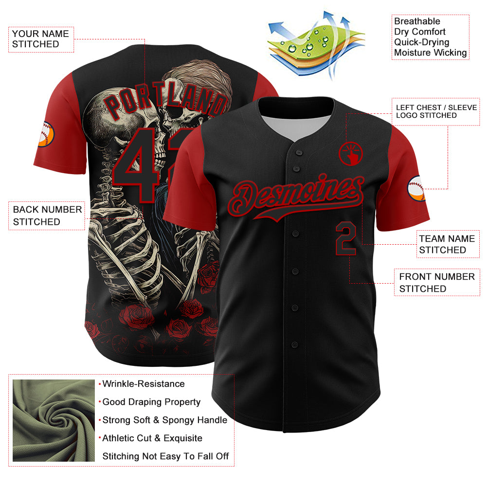 Custom Black Red 3D Pattern Design Rave Gothic Style Authentic Baseball Jersey