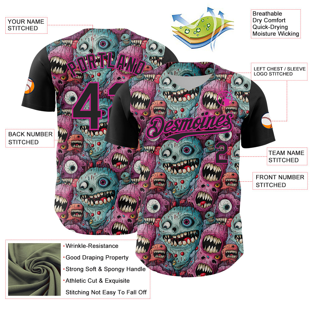 Custom Black Deep Pink 3D Pattern Design Rave Monster Authentic Baseball Jersey