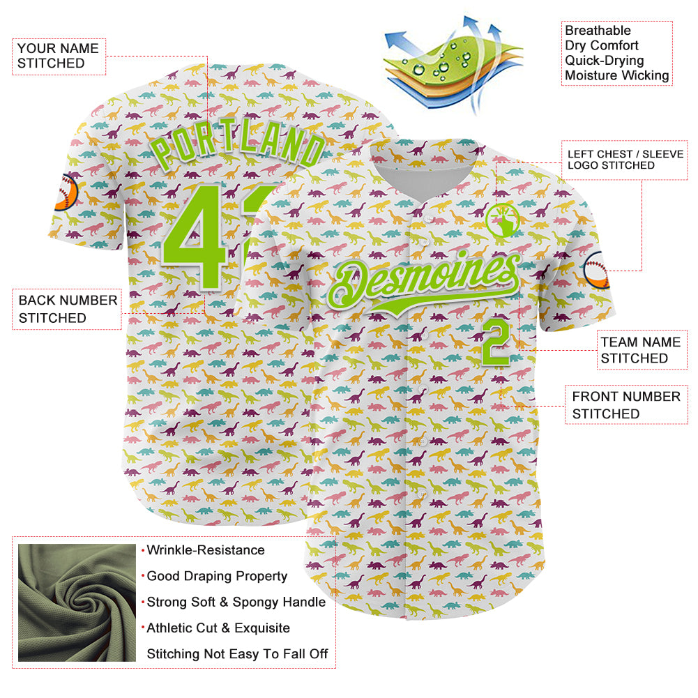 Custom White Neon Green 3D Pattern Design Animal Dinosaur Authentic Baseball Jersey