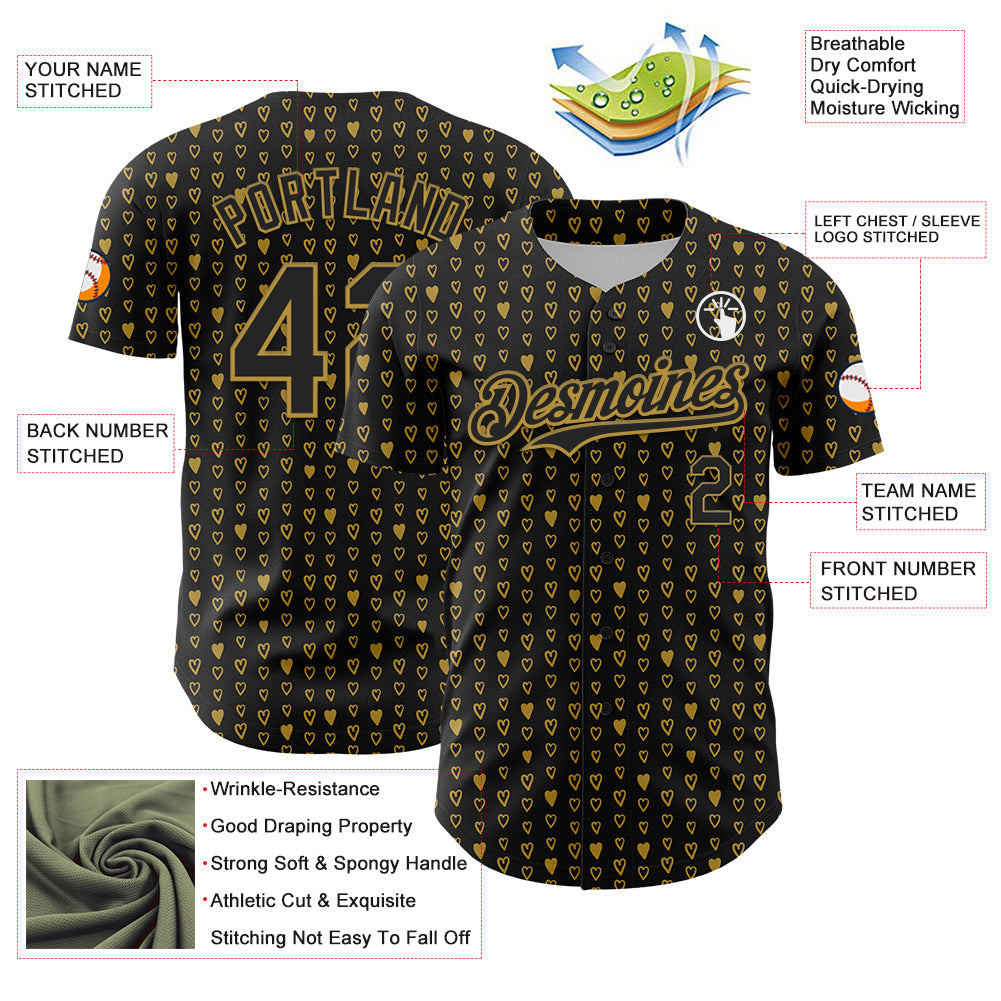 Custom Black Old Gold 3D Pattern Design Hearts Authentic Baseball Jersey