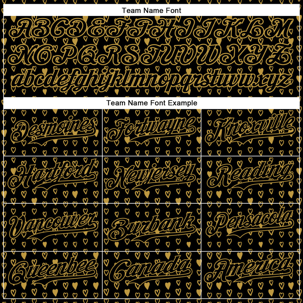 Custom Black Old Gold 3D Pattern Design Hearts Authentic Baseball Jersey