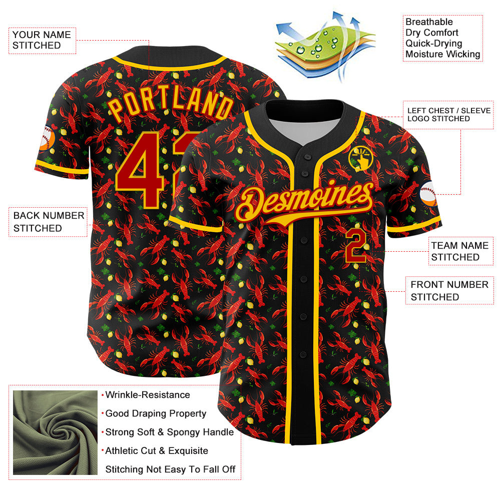 Custom Black Red-Yellow 3D Pattern Design Animal Lobster Fruit Lemon Authentic Baseball Jersey