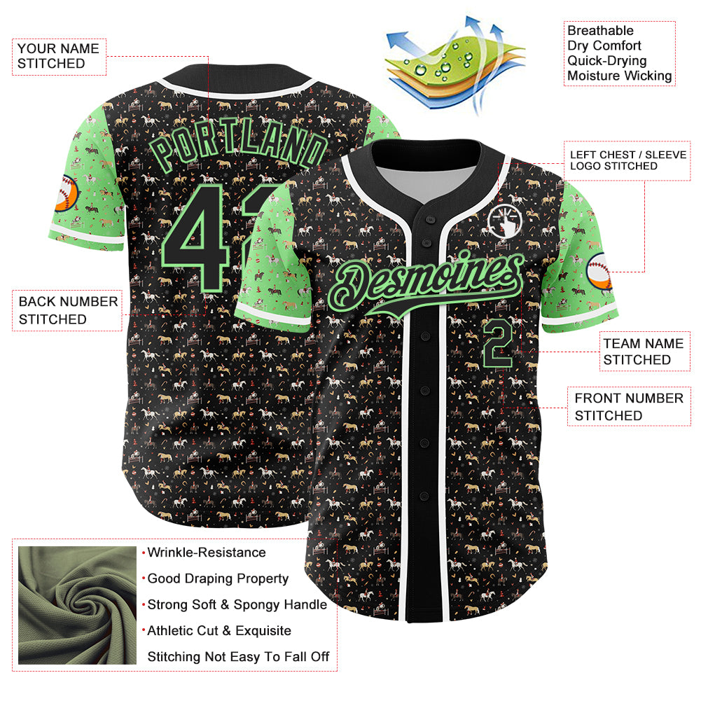 Custom Black Pea Green-White 3D Pattern Design Rodeo Cowboy Authentic Baseball Jersey