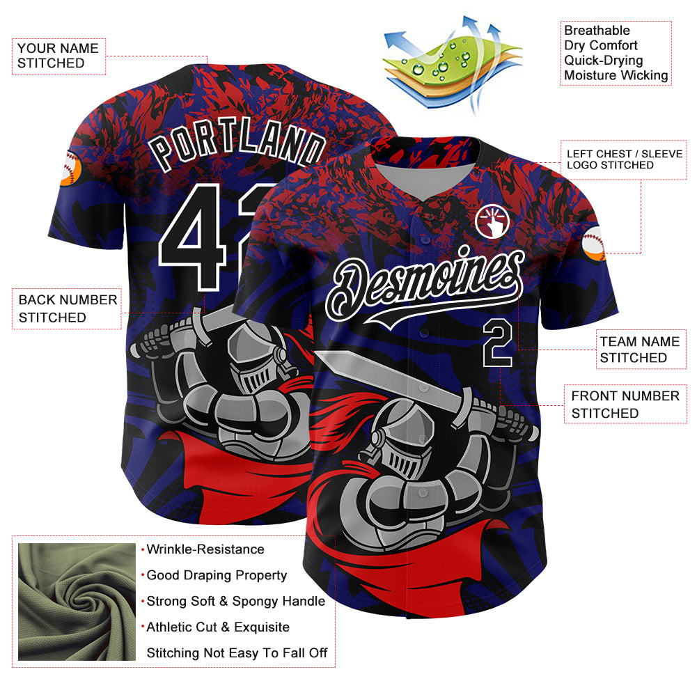 Custom Red Black-Thunder Blue 3D Pattern Design Knight Hero Art Authentic Baseball Jersey