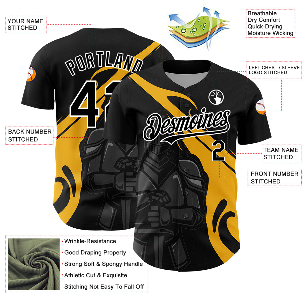 Custom Black Gold-White 3D Pattern Design Knight Hero Art Authentic Baseball Jersey