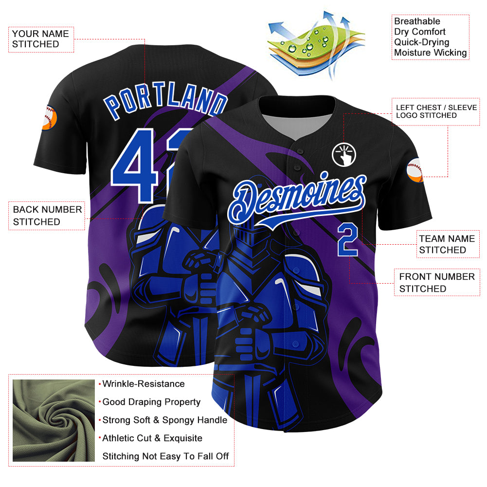 Custom Black Thunder Blue-Purple 3D Pattern Design Knight Hero Art Authentic Baseball Jersey