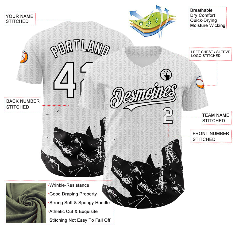 Custom White Black 3D Pattern Design Animal Wolf Authentic Baseball Jersey