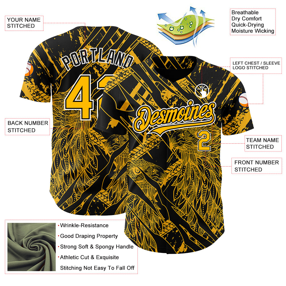 Custom Black Gold-White 3D Pattern Design Animal Eagle Authentic Baseball Jersey