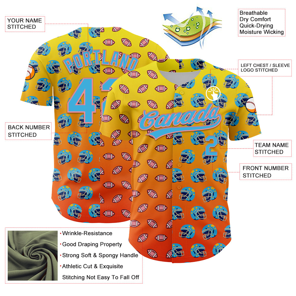 Custom Light Yellow Sky Blue Orange-Medium Pink 3D Pattern Design Football Helmet And Football Elements Authentic Baseball Jersey