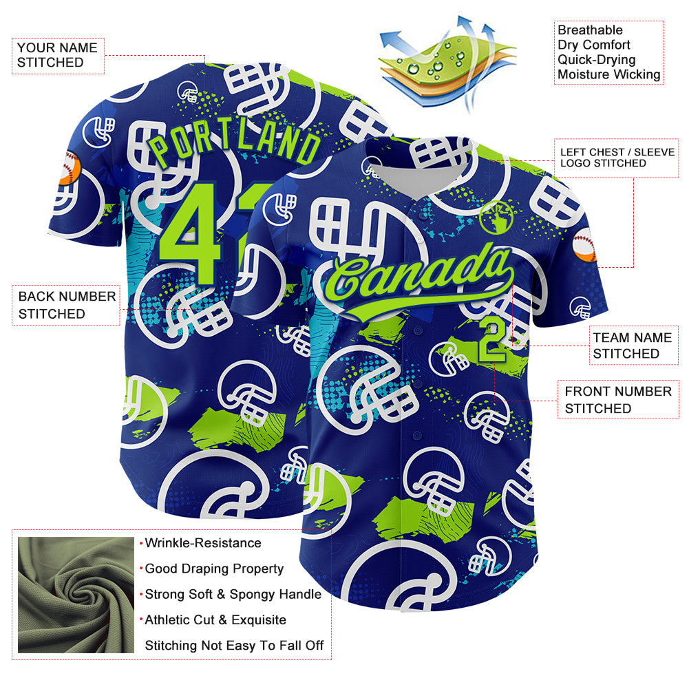 Custom Royal Neon Green-White 3D Pattern Design Football Helmet Authentic Baseball Jersey