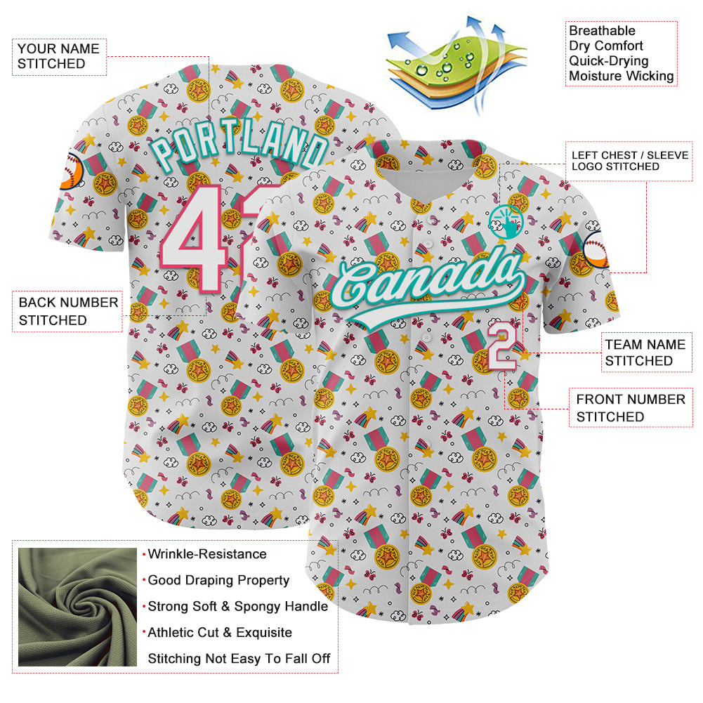 Custom White Neon Pink-Aqua 3D Pattern Design Champion Medal Authentic Baseball Jersey