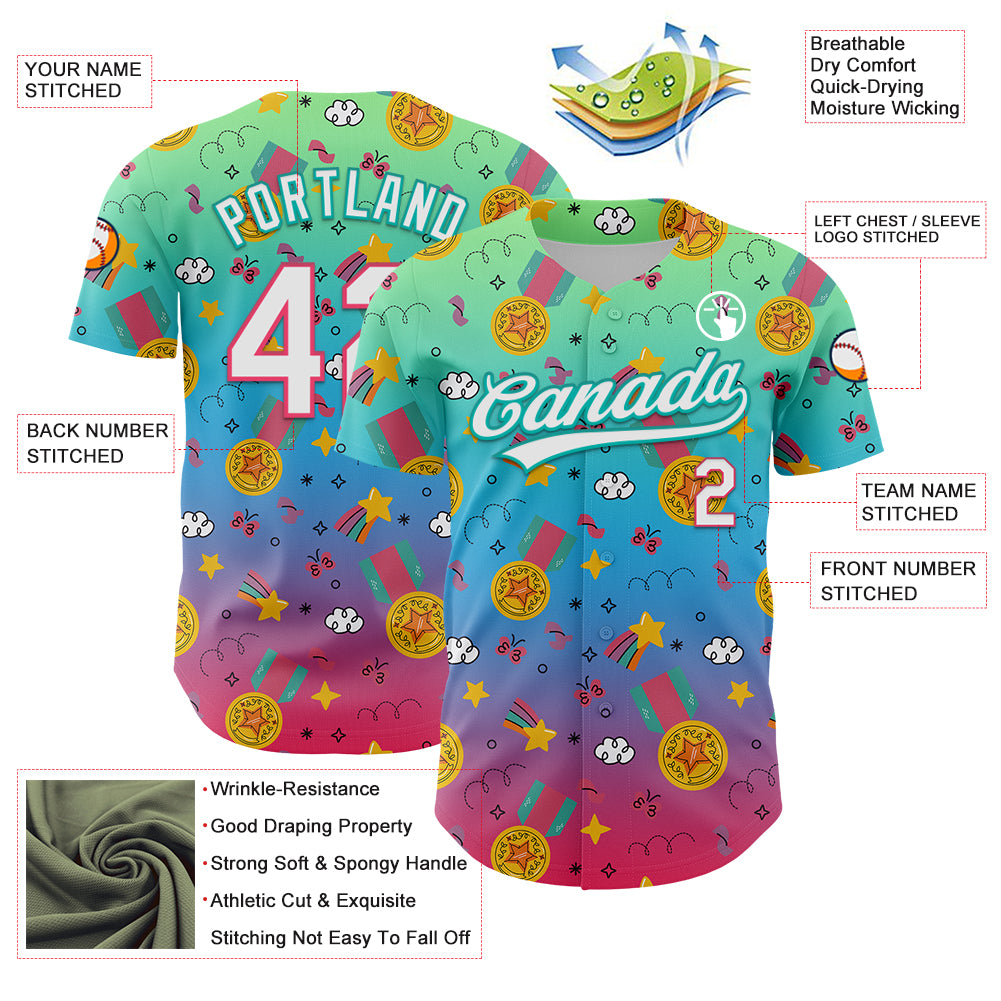 Custom Pea Green Neon Pink Aqua-Sky Blue 3D Pattern Design Champion Medal Authentic Baseball Jersey