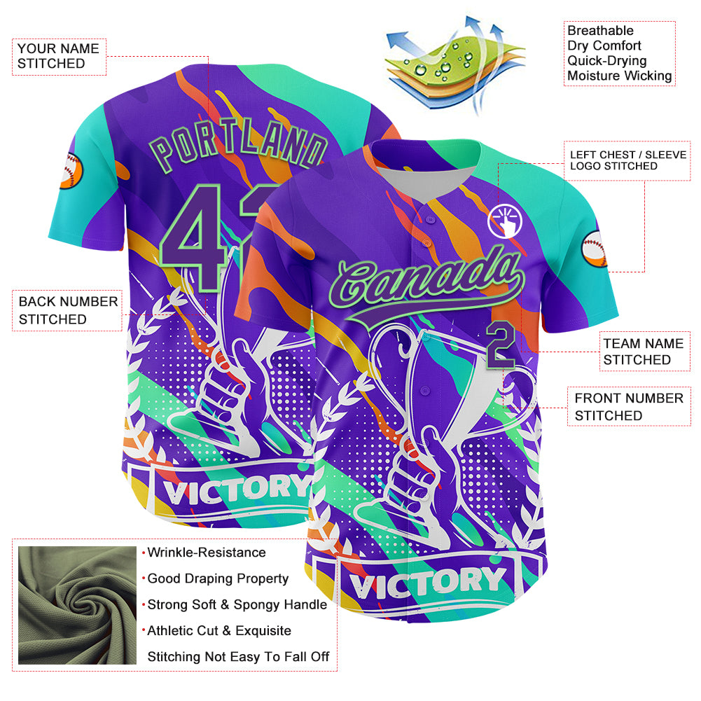 Custom Purple Pea Green 3D Pattern Design Champion Trophy Authentic Baseball Jersey