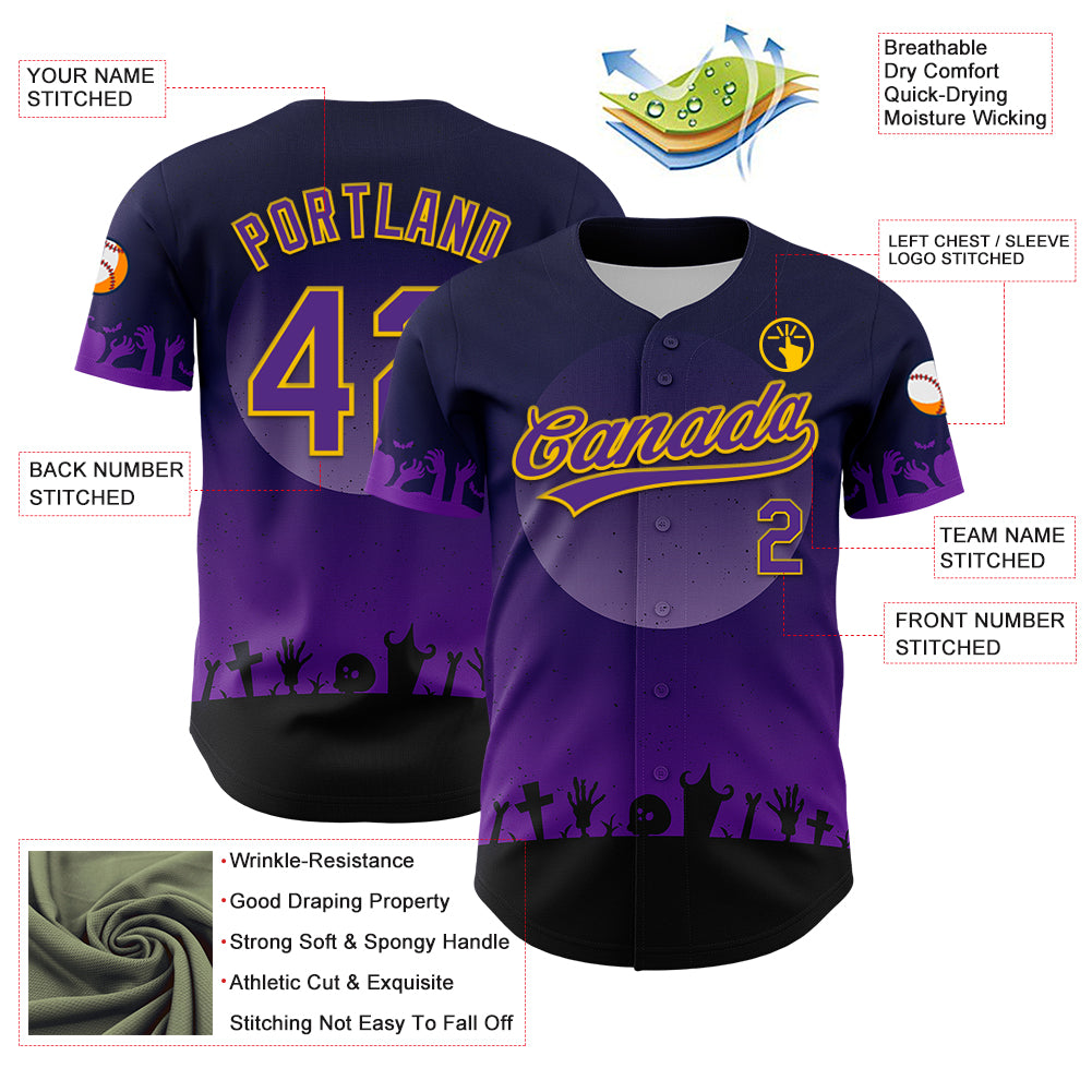 Custom Black Purple-Yellow 3D Pattern Halloween Skull Authentic Baseball Jersey