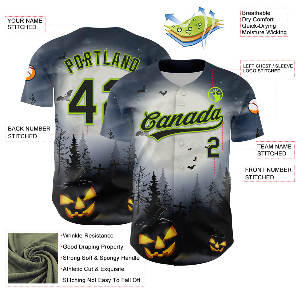 Custom Gray Black-Neon Green 3D Pattern Halloween Authentic Baseball Jersey