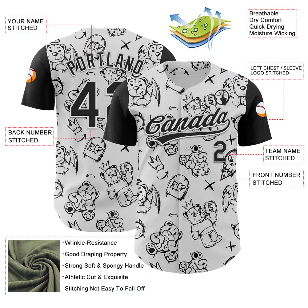 Custom White Black 3D Pattern Halloween Authentic Baseball Jersey