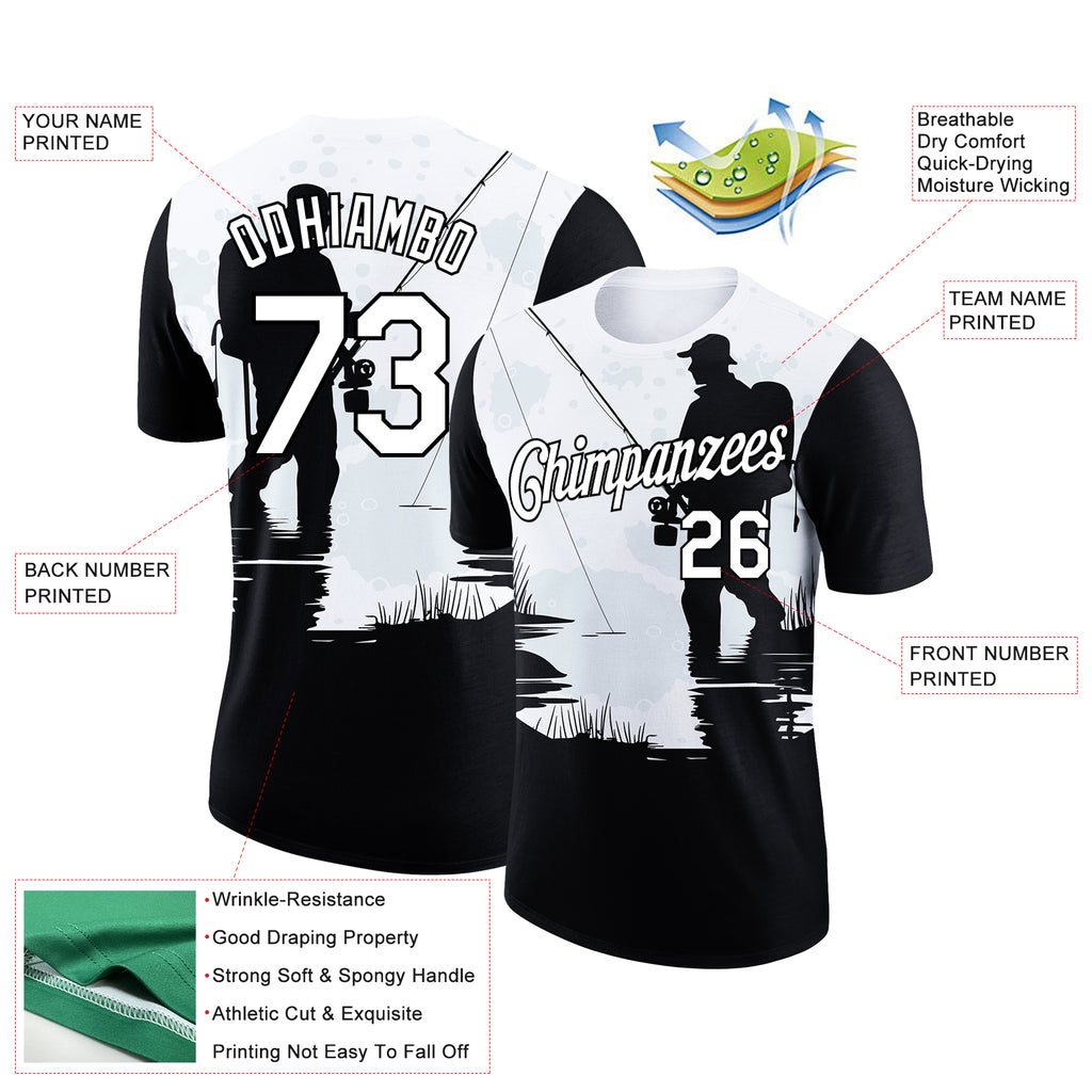 Custom White Black 3D Pattern Design Fishing Performance T-Shirt