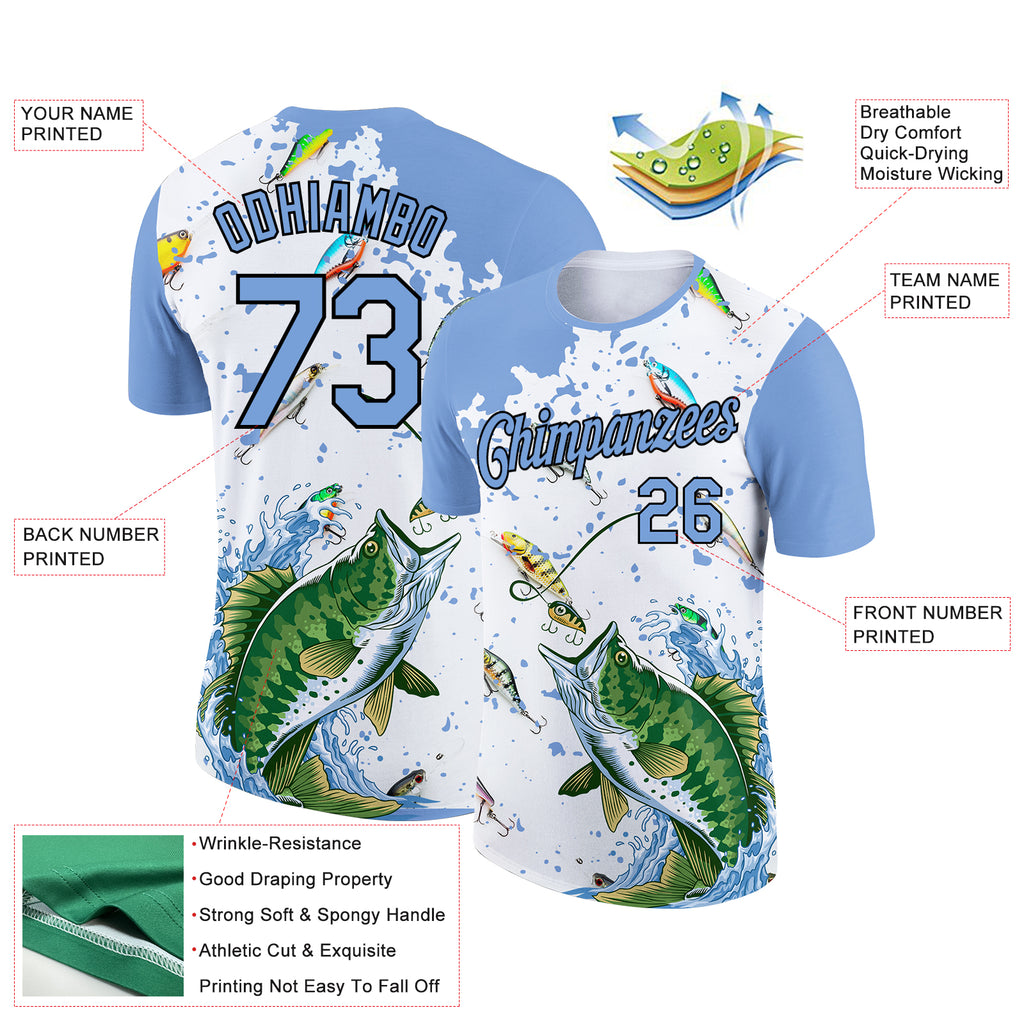 Custom White Light Blue-Black 3D Pattern Design Big Bass Fish Fishing Performance T-Shirt