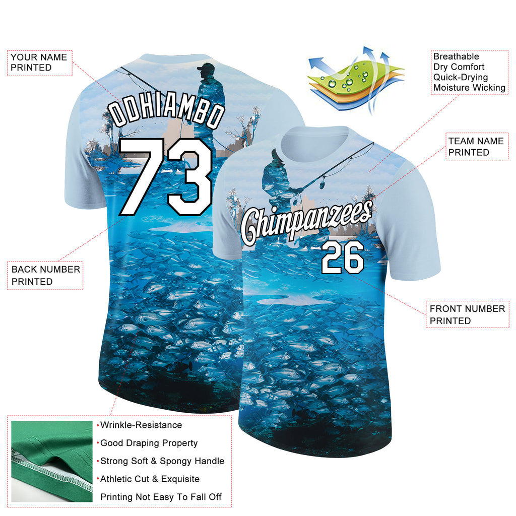 Custom Light Blue White-Black 3D Pattern Design Fishing Performance T-Shirt