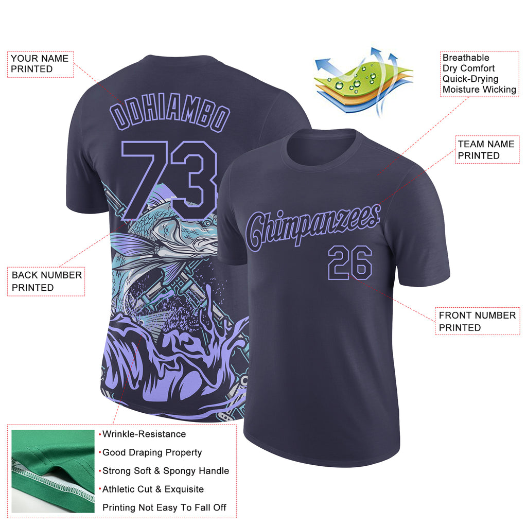 Custom Navy Light Purple 3D Pattern Design Fishing Performance T-Shirt