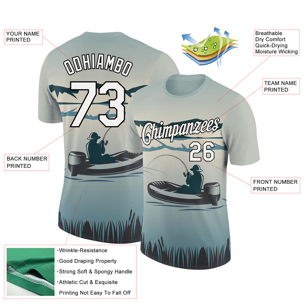 Custom Shadow Blue White-Black 3D Pattern Design Fishing Performance T-Shirt