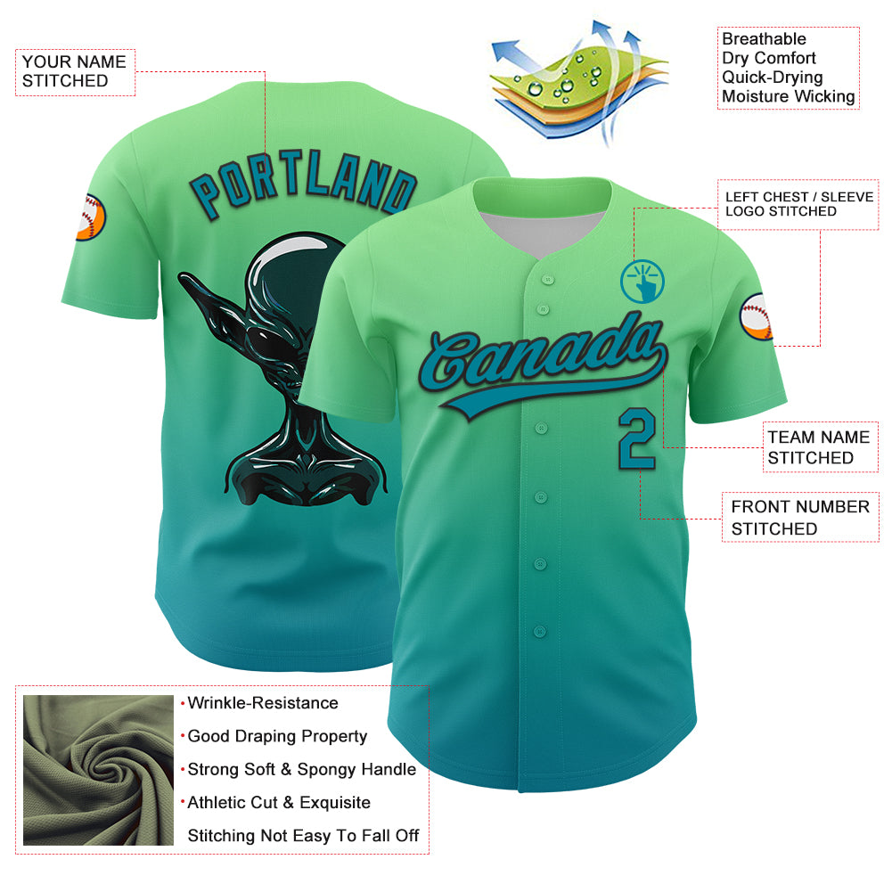 Custom Pea Green Teal-Black 3D Halloween Authentic Baseball Jersey