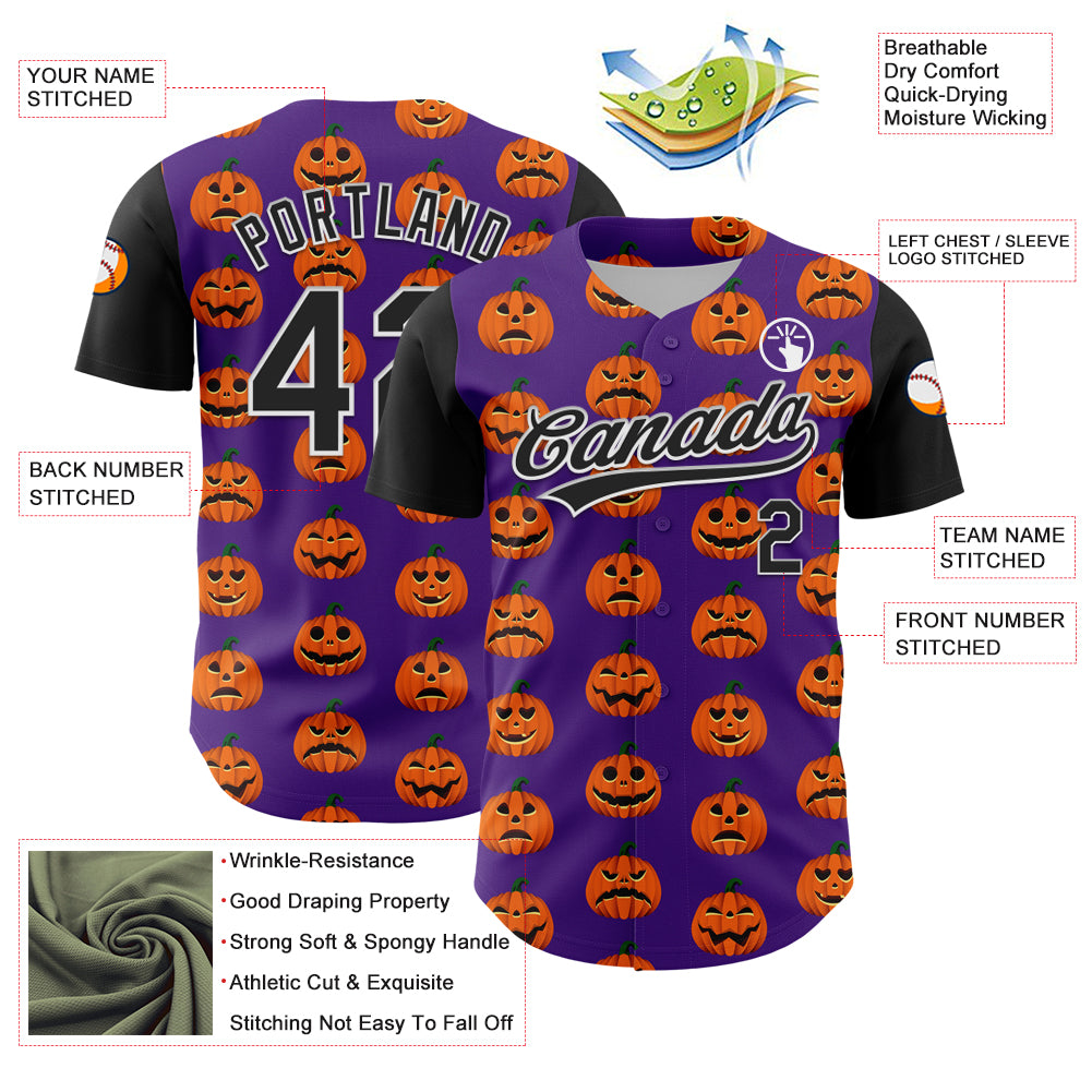 Custom Purple Black-White 3D Halloween Authentic Baseball Jersey