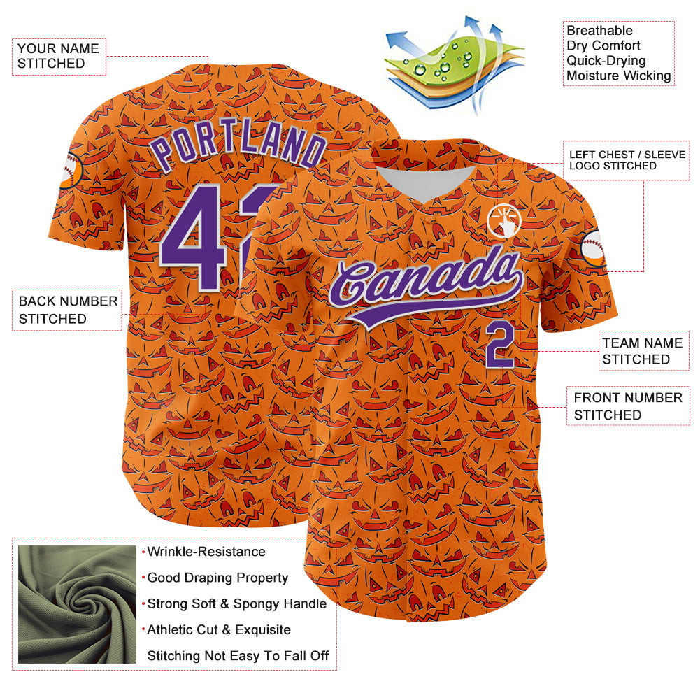 Custom Bay Orange Purple-White 3D Halloween Authentic Baseball Jersey