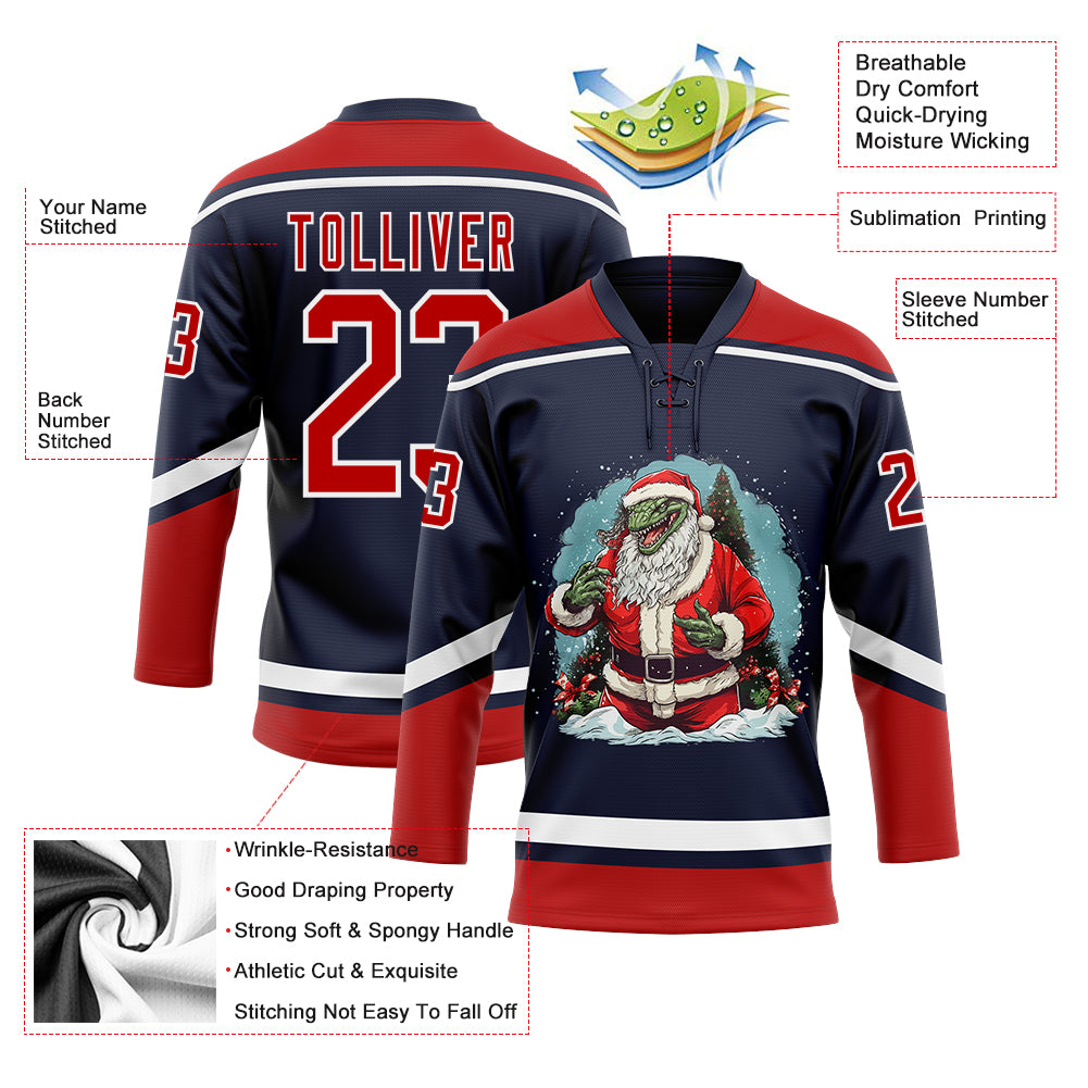 Custom Navy Red-White Funny Christmas 3D Hockey Lace Neck Jersey