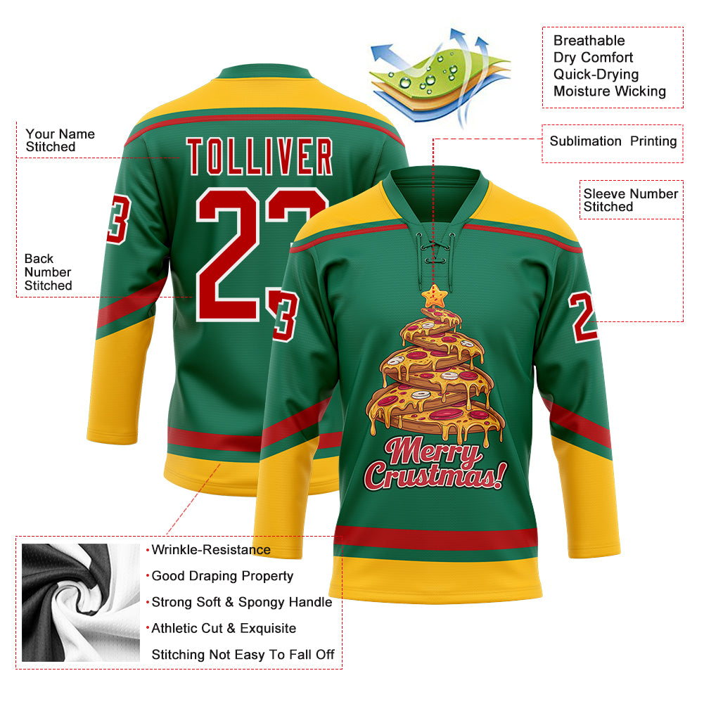 Custom Kelly Green Red-Gold Funny Christmas 3D Hockey Lace Neck Jersey