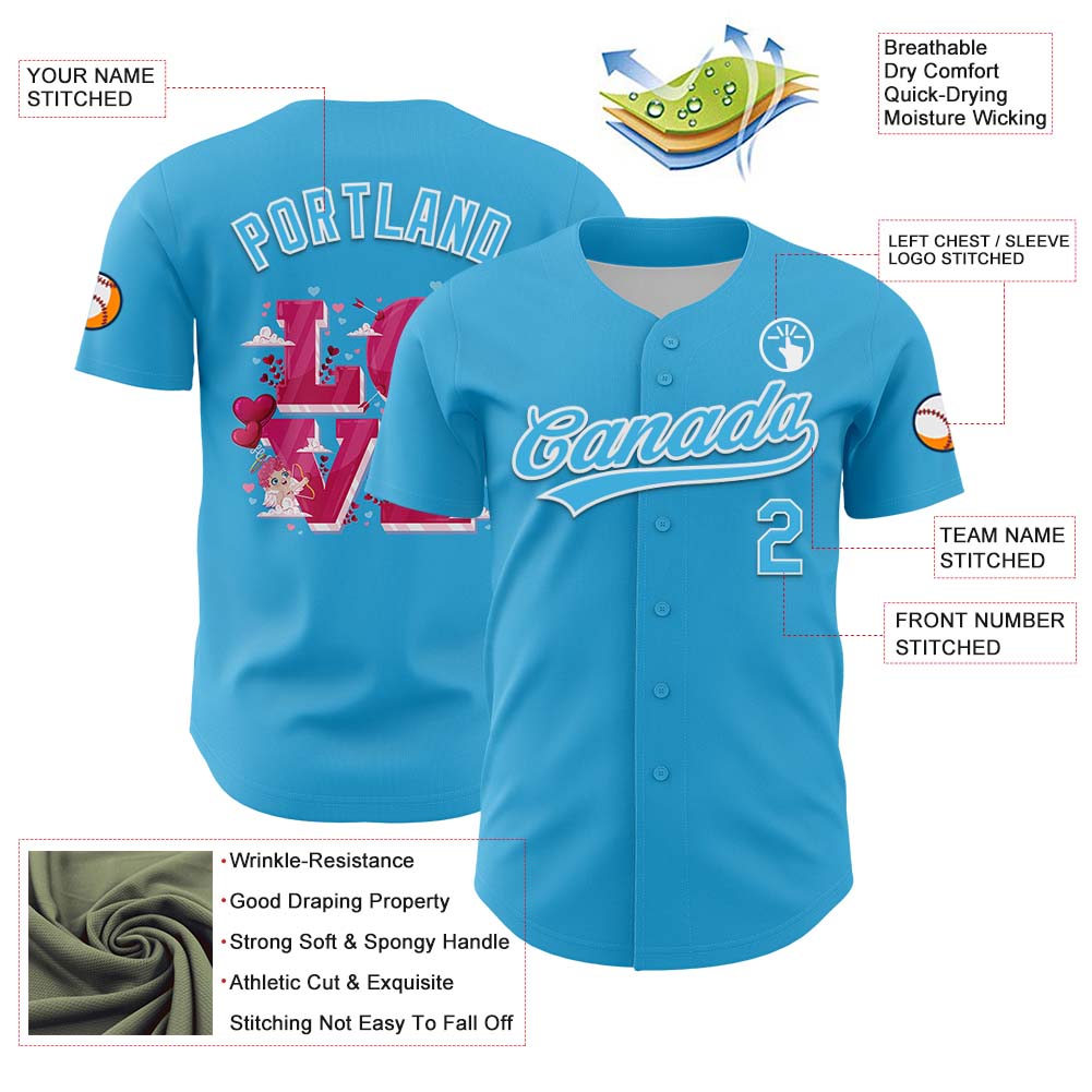 Custom Sky Blue White 3D Love Heart Valentine's Day Authentic Baseball Jersey