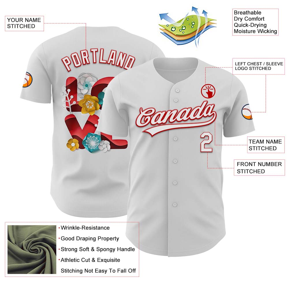 Custom White Red 3D Love Heart Valentine's Day Authentic Baseball Jersey