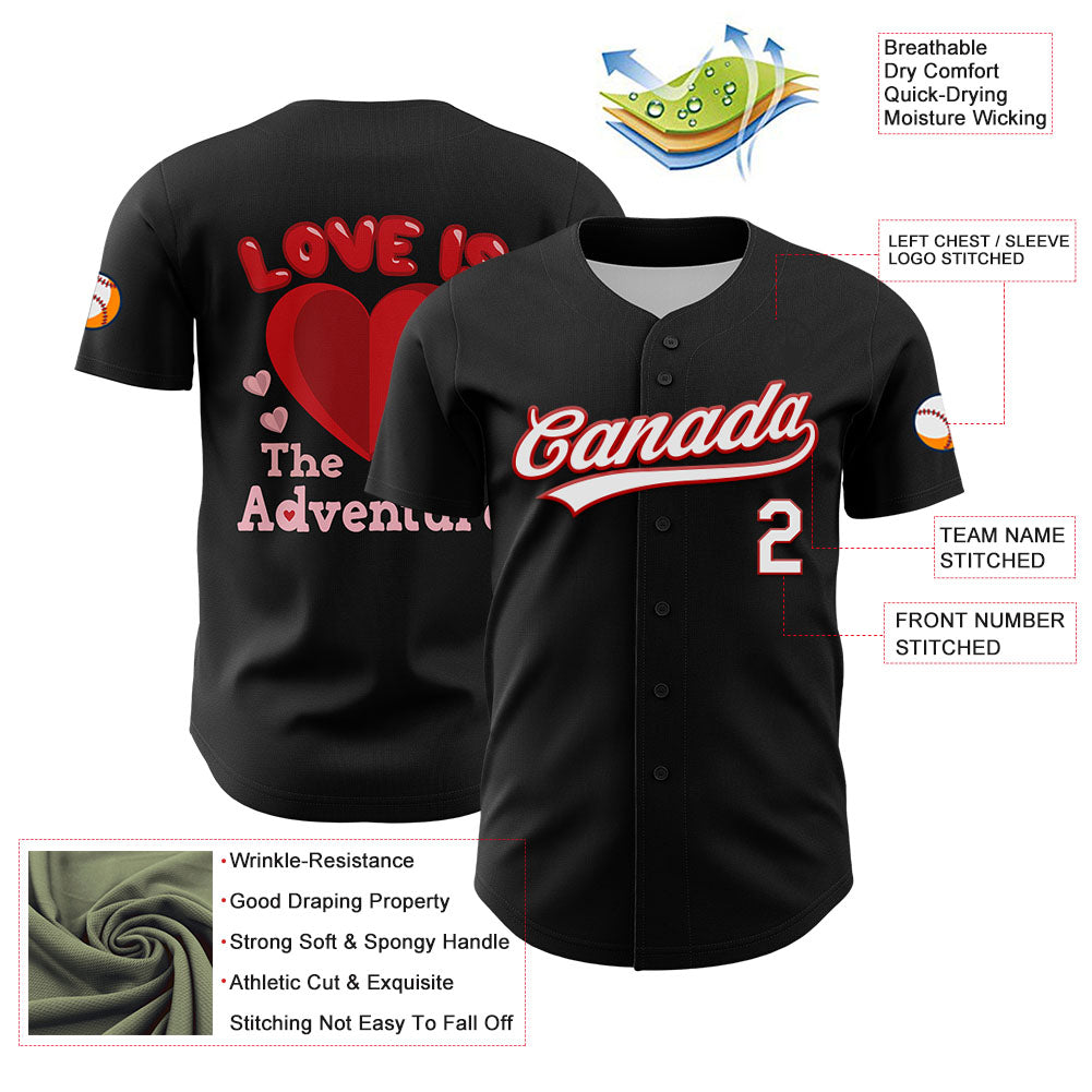 Custom Black White-Red 3D Love Heart Valentine's Day Authentic Baseball Jersey