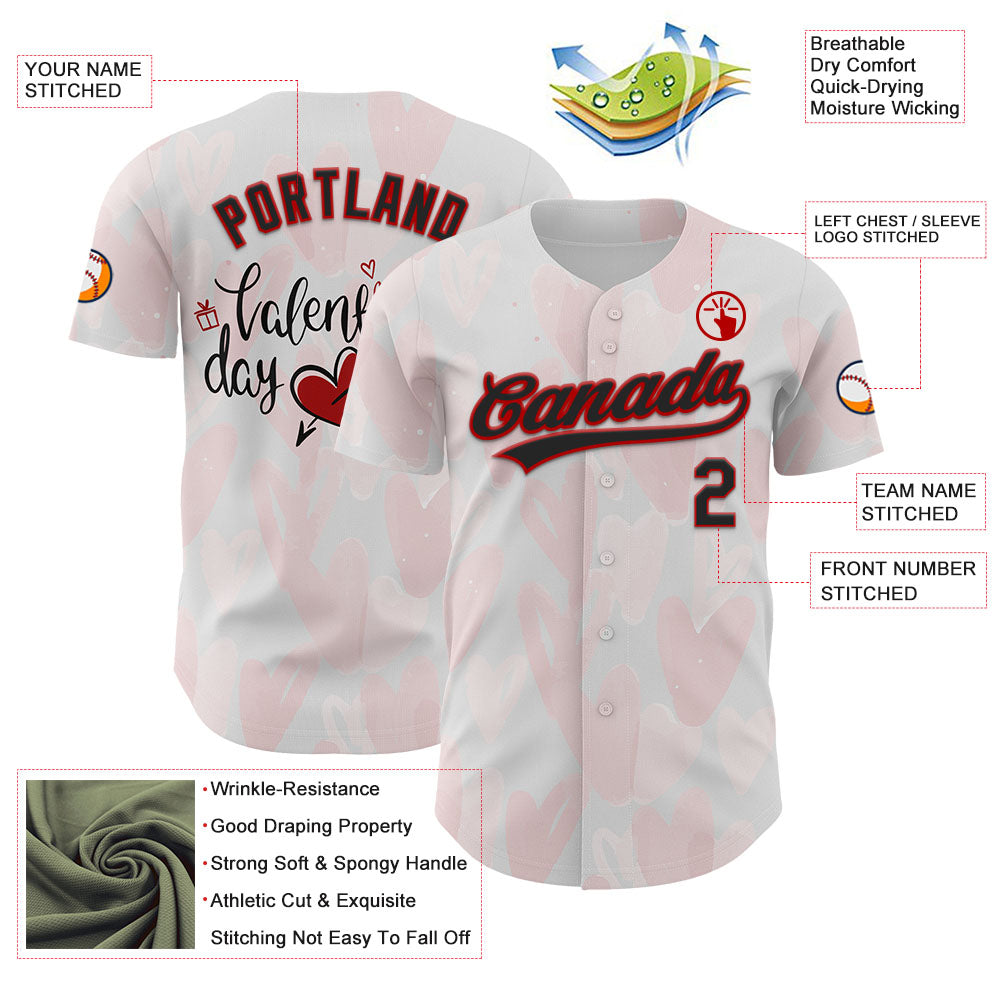 Custom White Red-Black 3D Love Heart Valentine's Day Authentic Baseball Jersey