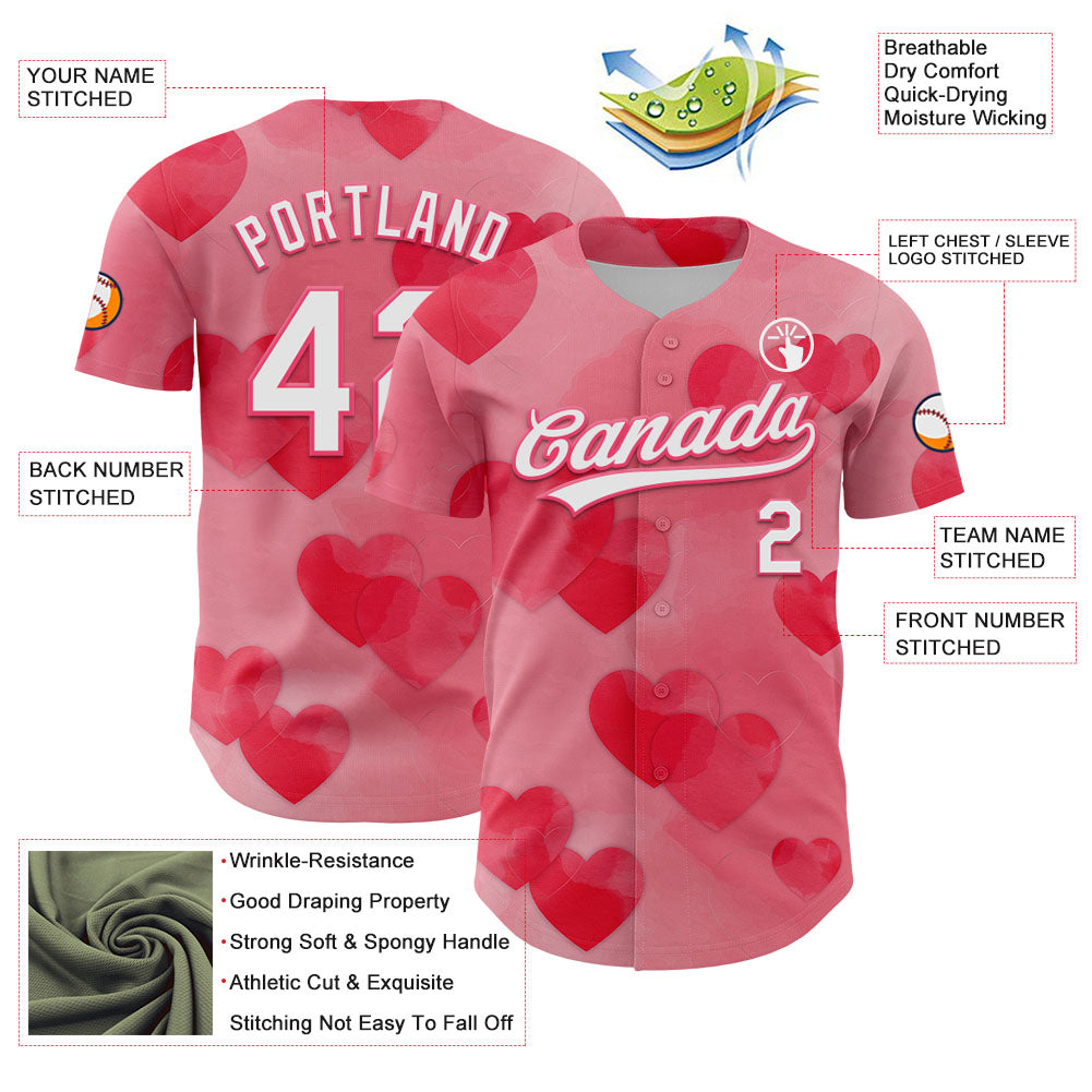 Custom Neon Pink White 3D Love Heart Valentine's Day Authentic Baseball Jersey