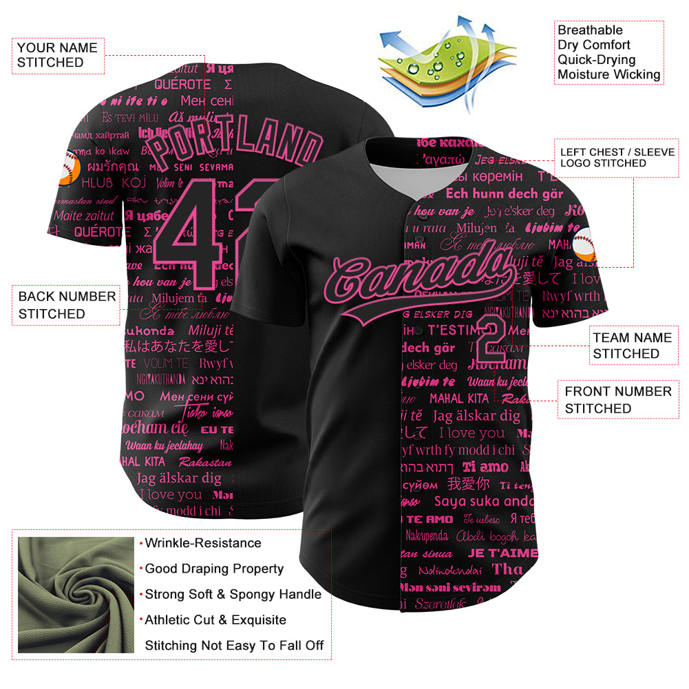 Custom Black Pink 3D Love Valentine's Day Authentic Baseball Jersey