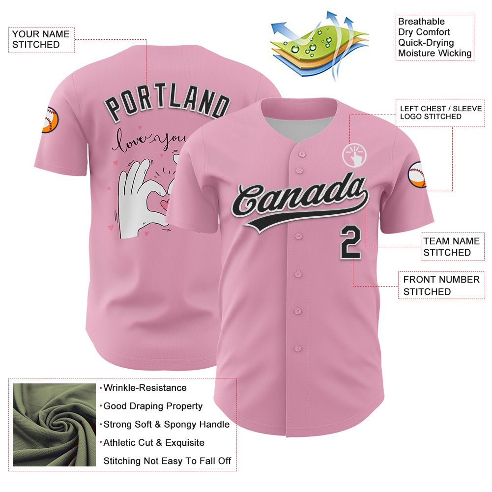 Custom Light Pink Black-White 3D Love Heart Valentine's Day Authentic Baseball Jersey