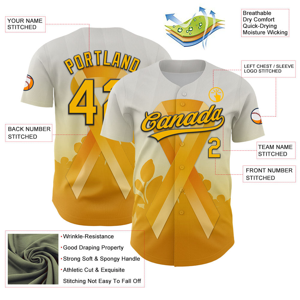 Custom White Gold-Black 3D Appendix Cancer Ribbon Authentic Baseball Jersey