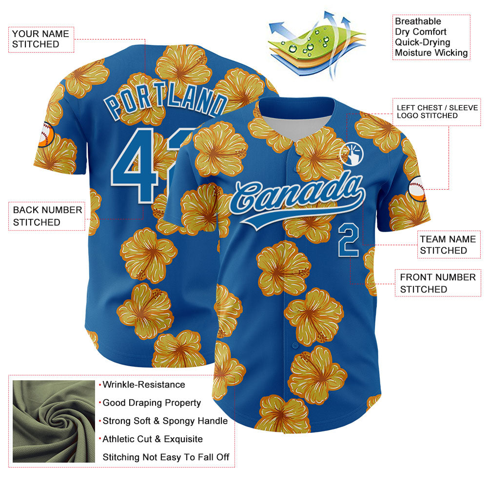 Custom Blue White 3D Tropical Hawaii Flower Authentic Baseball Jersey