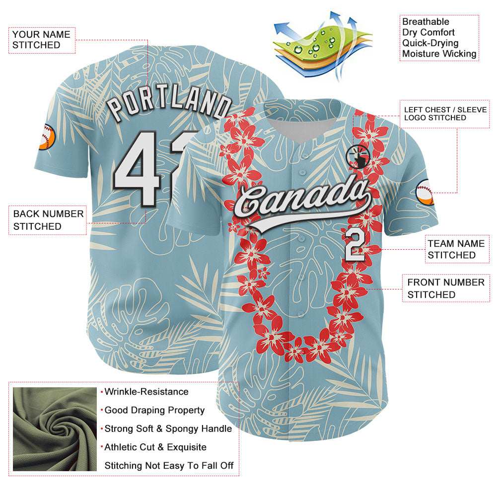 Custom Shadow Blue White-Black 3D Tropical Hawaii Leaves And Flower Authentic Baseball Jersey