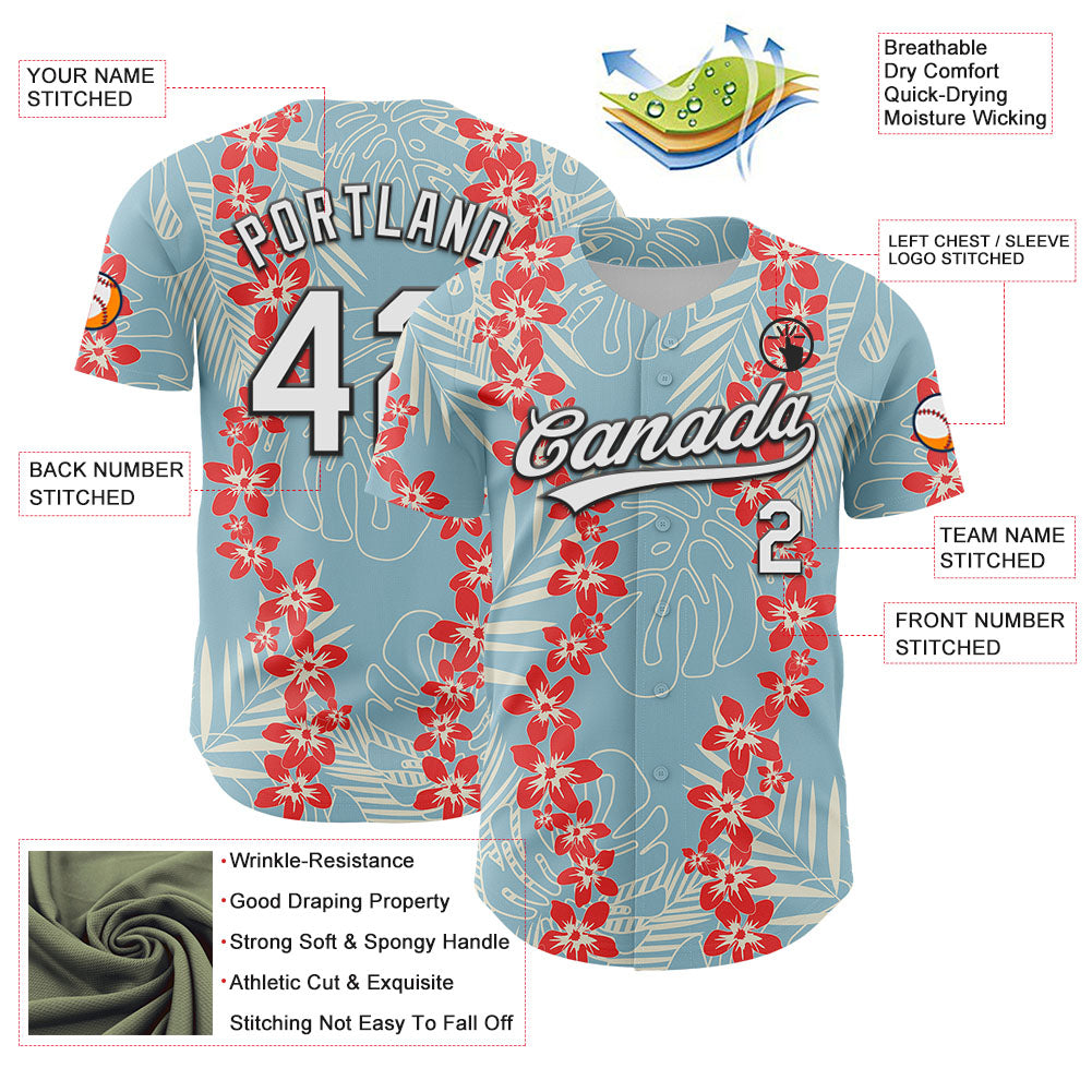 Custom Shadow Blue White-Black 3D Tropical Hawaii Leaves And Flower Authentic Baseball Jersey