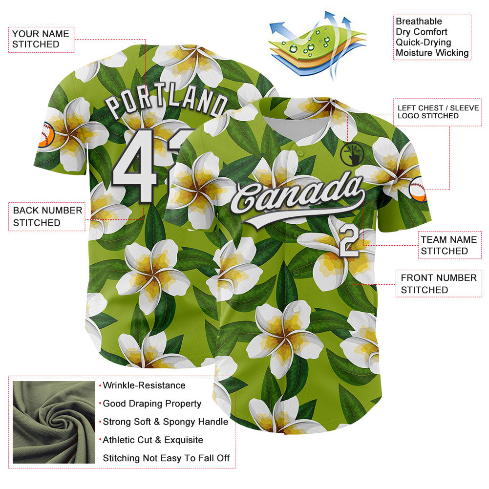 Custom Green White-Black 3D Tropical Hawaii Jungle Leaves And Flower Authentic Baseball Jersey