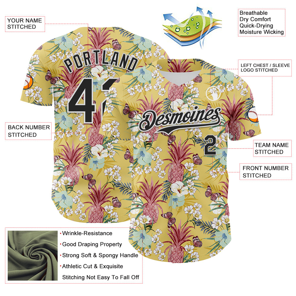 Custom Yellow Black-White 3D Hawaii Tropical Leaves Flower Pineapple Authentic Baseball Jersey