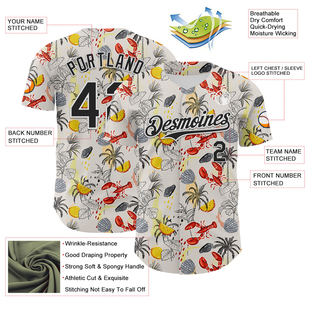 Custom Cream Black-White 3D Hawaii Tropical Palm Tree Lobster Authentic Baseball Jersey