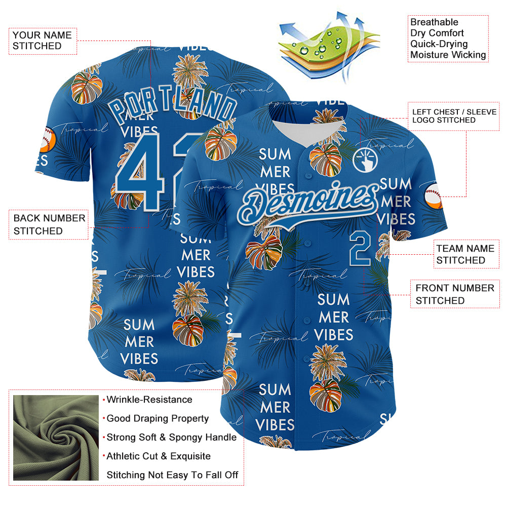 Custom Blue White 3D Hawaii Tropical Leaves Summer Vibes Authentic Baseball Jersey