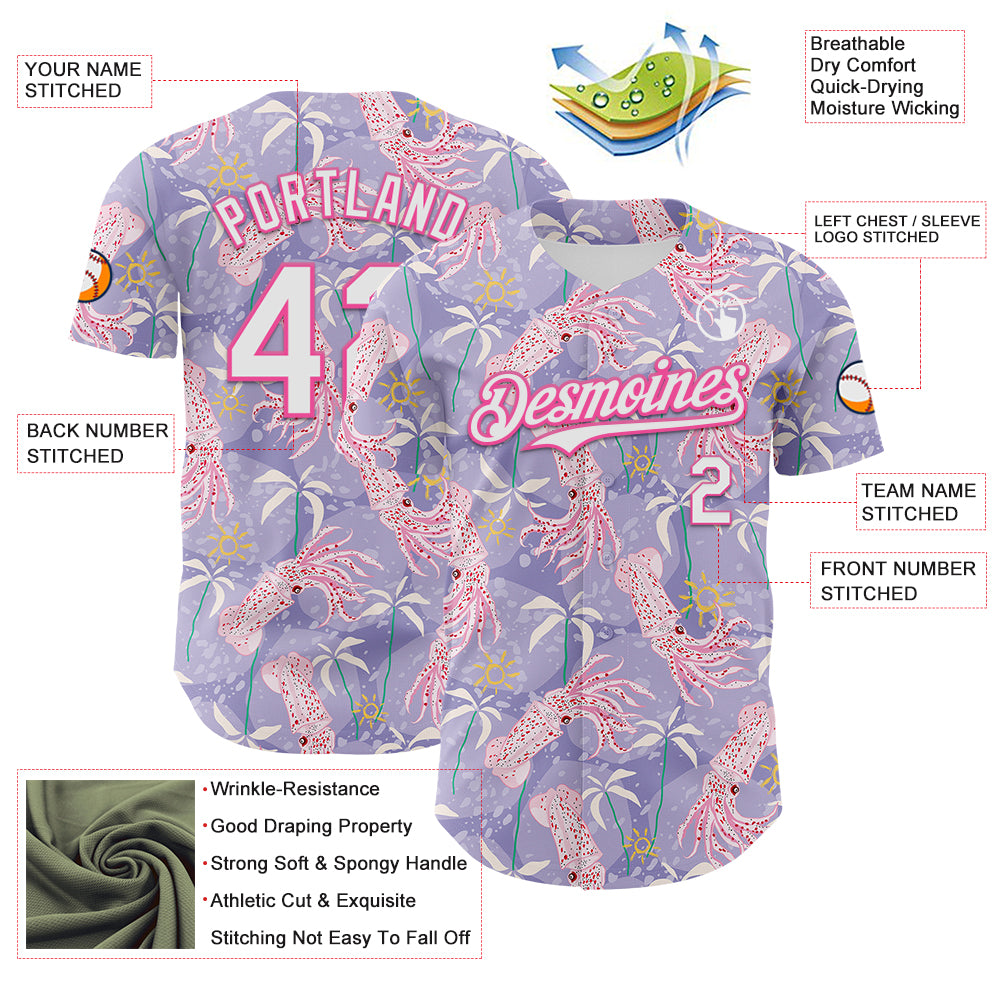 Custom Light Purple White-Pink 3D Hawaii Beach Tropical Octopus Authentic Baseball Jersey