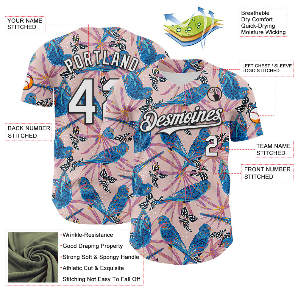 Custom Light Pink White-Black 3D Hawaii Tropical Forest Bird Authentic Baseball Jersey